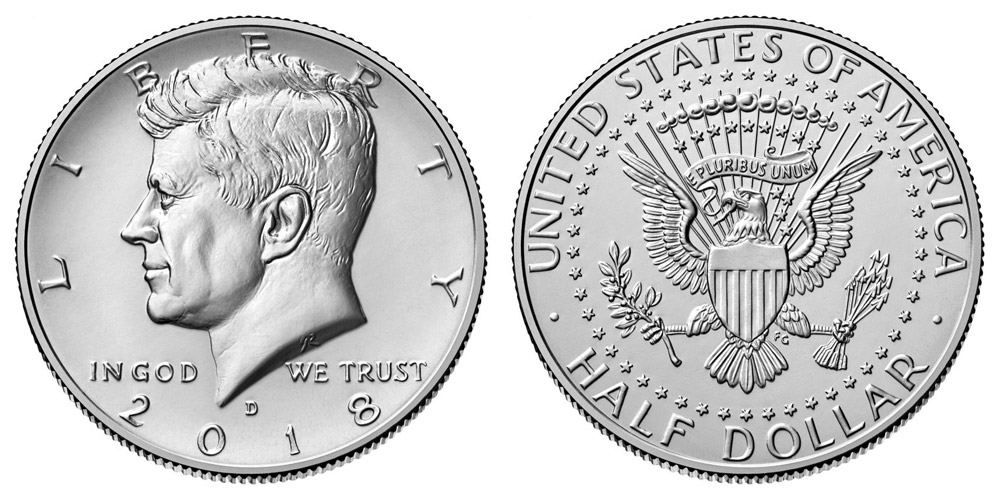 2018-S Kennedy Half Dollar Silver Reverse Proof — obverse and reverse showing frosted portrait against reflective fields