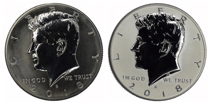 Side-by-side comparison of a normal 2018-S Silver Reverse Proof (strong mirror fields) versus the Light Finish variety (muted field contrast)