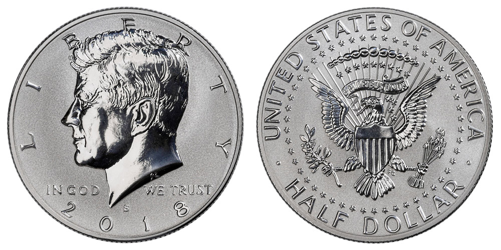 2018 Kennedy half dollar Doubled Die Obverse — close-up showing doubling on date numerals and LIBERTY lettering