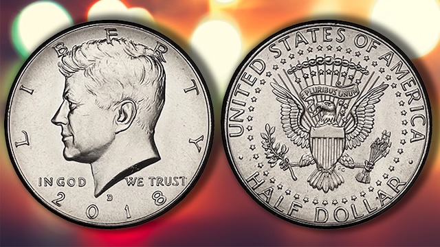 2018 Kennedy half dollar mintage reference — group of 2018 P, D, and S Kennedy half dollars showing all major varieties produced that year